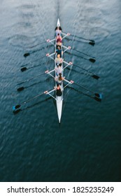 Female Crew Racers Rowing, High Angle View, Lake Union, Seattle, Washington, USA.