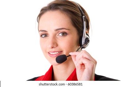 Female Customer Service Operator, Help Desk Support, Red Shirt And Black Jacket, Studio Shoot Isolated On White