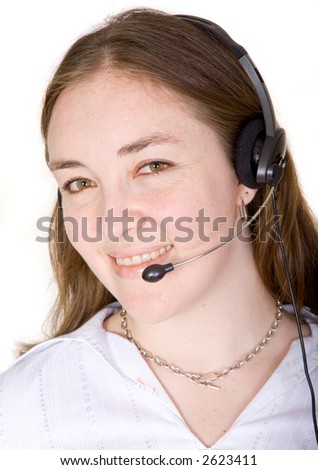 female customer services representative over a white background