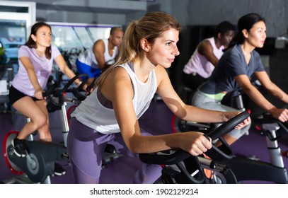 Female cycling on exercise bikes at fitness club. High quality photo - Powered by Shutterstock