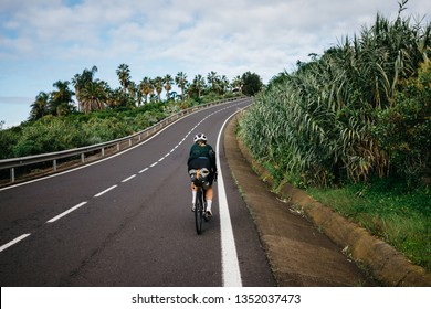 Female Cyclist In Bike Packing Tour. Girl Ride Her Bike With Bags In Island With Palms, Bike Packing Travel. Cycling In Tenerife, Canary Islands. Cycle In Beautiful Nature 