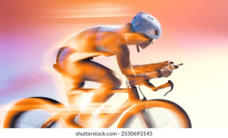 Female cyclist in full gear speeding forward fast, surrounded by motion blur, symbolizing intensity and focus in sports. Mixed lights. Power and movement in action. Concept of endurance, competition - Powered by Shutterstock