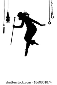 A female dancer dances on stage. Dressed in men's 
clothing and wearing a man's top hat, she is seen leaping 
in mid air as a silhouette.