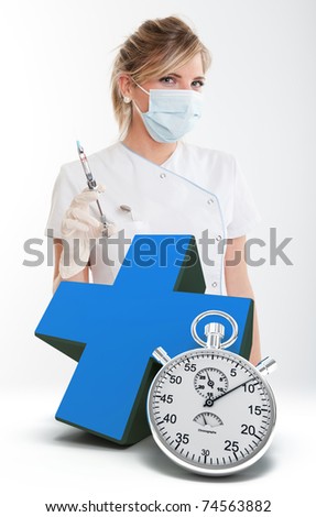 Female dentist holding a syringe, a blue cross and a chronometer