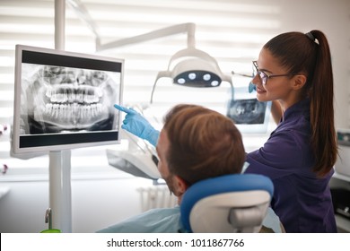 Female dentist showing x-ray footage of teeth to male patient in clinic