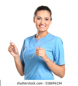 Female Dentist With Tools Isolated On White