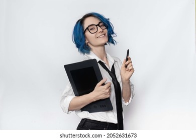 A female designer in office style look holding graphic tablet. The white background - Powered by Shutterstock