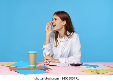 Female Designer Takes Revenge At Her Desk Coffee Paper Emotions Blue Background Morning