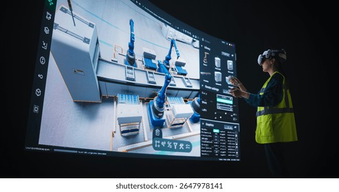 Female Designer in Virtual Reality Headset Expertly Crafts an Automated Factory Layout on a Large Digital Interface. Futuristic Assembly Line Model with Advanced Robotics