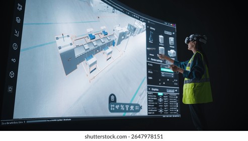Female Designer in Virtual Reality Headset Expertly Crafts an Automated Factory Layout on a Large Digital Interface. Futuristic Assembly Line Model with Advanced Robotics
