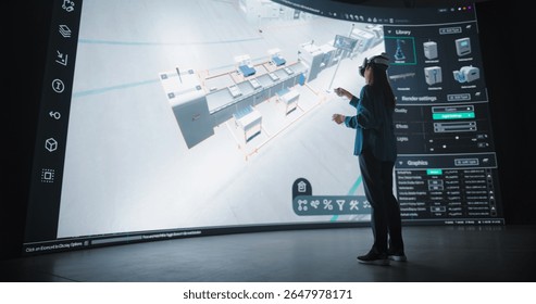 Female Designer in Virtual Reality Headset Expertly Crafts an Automated Factory Layout on a Large Digital Interface. Futuristic Assembly Line Model with Advanced Robotics