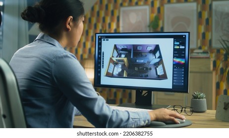 Female designer working remotely from home office and making 3D visualization of house interior in computer program using pc - Powered by Shutterstock