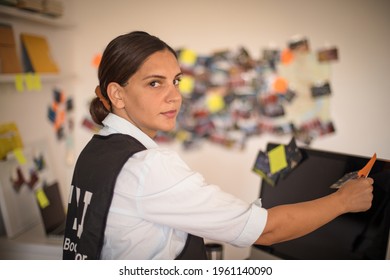 Female Detective. FBI Woman Works On A Case. 