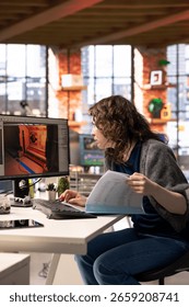 Female developer interacts with virtual AI assistant on PC to design a game hub, using automation and machine learning to generate futuristic space station designs for a sci fi video game.