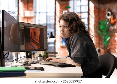 Female developer interacts with virtual AI assistant on PC to design a game hub, using automation and machine learning to generate futuristic space station designs for a sci fi video game.