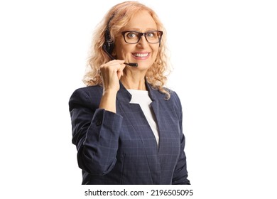 Female Dispatcher With A Headset And Microphone Isolated On White Background