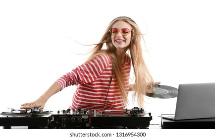 Female DJ playing music on white background - Powered by Shutterstock