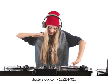 Female DJ playing music on white background - Powered by Shutterstock