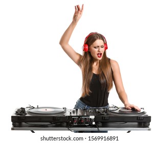 Female dj playing music on white background