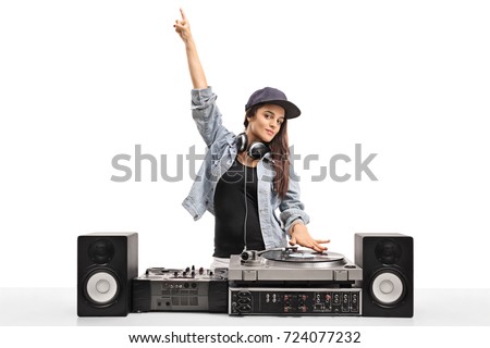 Female DJ playing music on a turntable isolated on white background