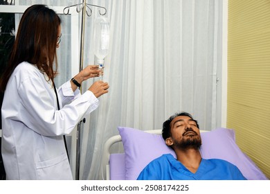 Female doctor adjusts IV drip for patient resting in hospital bed, ensuring proper medical care during treatment - Powered by Shutterstock