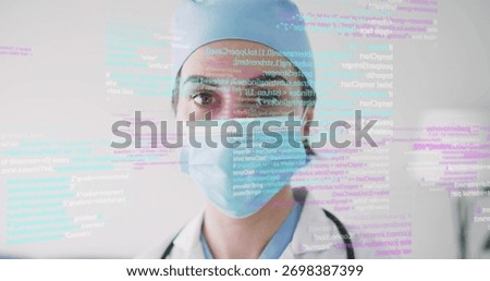 Female doctor analyzing floating code overlay in clinic, with stethoscope, medical mask, lab coat. Medical, healthcare, technology, innovation, diagnostics, professionalism, medicine