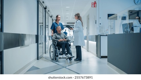 Female Doctor Approaching a Male Patient in a Wheelchair in a Bright Hospital Corridor Next to a Registration Desk, Having in a Friendly Conversation while Reviewing Notes on a Tablet Computer - Powered by Shutterstock