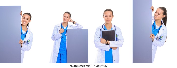 A female doctor with a blank billboard. Woman doctor - Shutterstock ID 2190389587