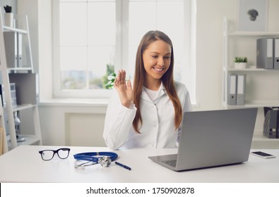 Female Doctor Conducting Telemedicine Consultation Via Laptop. Virtual Clinic.