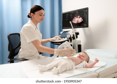 A female doctor conducts an ultrasound examination of the heart and abdominal organs of a newborn boy using modern medical equipment in a clinic. Pediatrics and child development monitoring