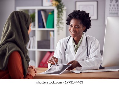 Female Doctor Or Consultant Having Meeting With Female Patient Wearing Headscarf To Discuss Scans