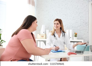 Female doctor consulting overweight woman in clinic
