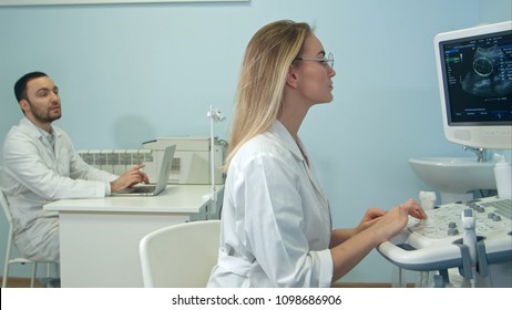 Female doctor dictating ultrasound results to her male colleague with laptop