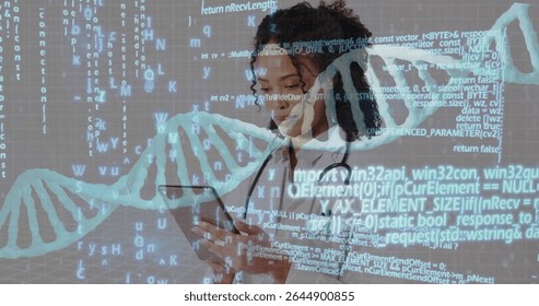 Female doctor examining smartphone and analyzing DNA helix and code in lab, with stethoscope. Medical technology, biotechnology, digital health, genetic research, scientific innovation, healthcare