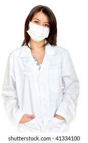 Female Doctor With A Facemask Isolated Over A White Background