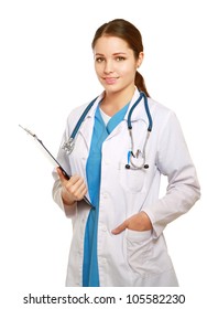 A Female Doctor With A Folder, Standing Isolated On White Background