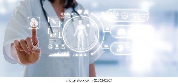 Female Doctor Hand Pointing Touching Data Digital Icon Hologram And Medical Graphic Diagram In Laboratory Lab On Hospital Background, Virus Outbreak, Coronavirus, Covid-19, Medical Technology, Concept