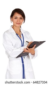 Female Doctor Holding A Clipboard - Isolated Over A White Background