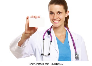 A Female Doctor Holding An Empty Card