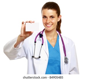 A Female Doctor Holding An Empty Card