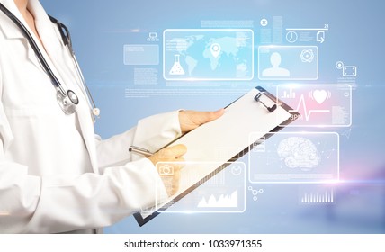 Female doctor holding notepad with blue background and informative graphs and charts - Powered by Shutterstock