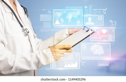 Female doctor holding notepad with blue background and informative graphs and charts