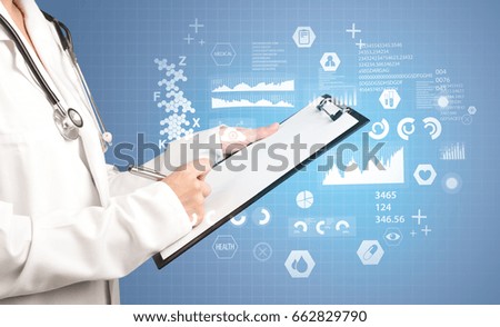 Female doctor holding notepad with blue background and data graphics