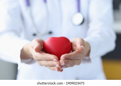 Female doctor holding red toy heart in her hands closeup. Internal organ transplant concept