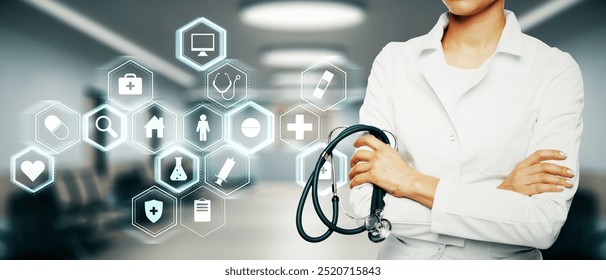 Female doctor holding a stethoscope, with medical icons and digital interface overlay on a clinic background, representing modern healthcare technology concepts - Powered by Shutterstock