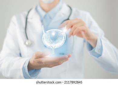 Female doctor holding virtual Bladder in hand. Handrawn human organ, blurred photo, raw colors. Healthcare hospital service concept stock photo