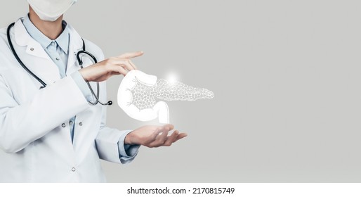 Female doctor holding virtual Pancreas in hand. Handrawn human organ, copy space on right side, grey hdr color. Healthcare scientific technologies concept stock photo - Shutterstock ID 2170815749