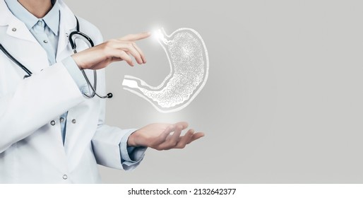 Female doctor holding virtual Stomach in hand. Handrawn human organ, copy space on right side, grey hdr color. Healthcare hospital service concept stock photo - Shutterstock ID 2132642377