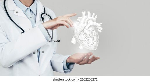 Female Doctor Holding Virtual Volumetric Drawing Of Heart In Hand. Handrawn Human Organ, Copy Space On Right Side, Grey Hdr Color. Healthcare Hospital Service Concept Stock Photo