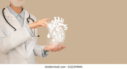 Female doctor holding virtual volumetric drawing of heart in hand. Handrawn human organ, copy space on right side, beige color. Healthcare hospital service concept stock photo